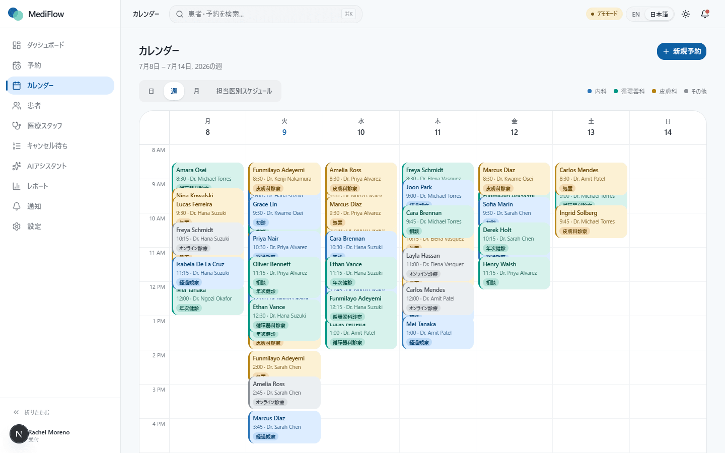 MediFlowの週間カレンダー（診療種別ごとに色分け）