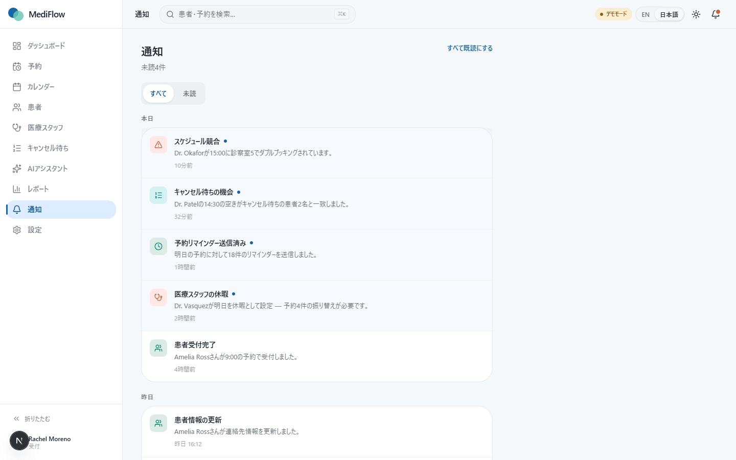 MediFlowの通知パネル（緊急度順）