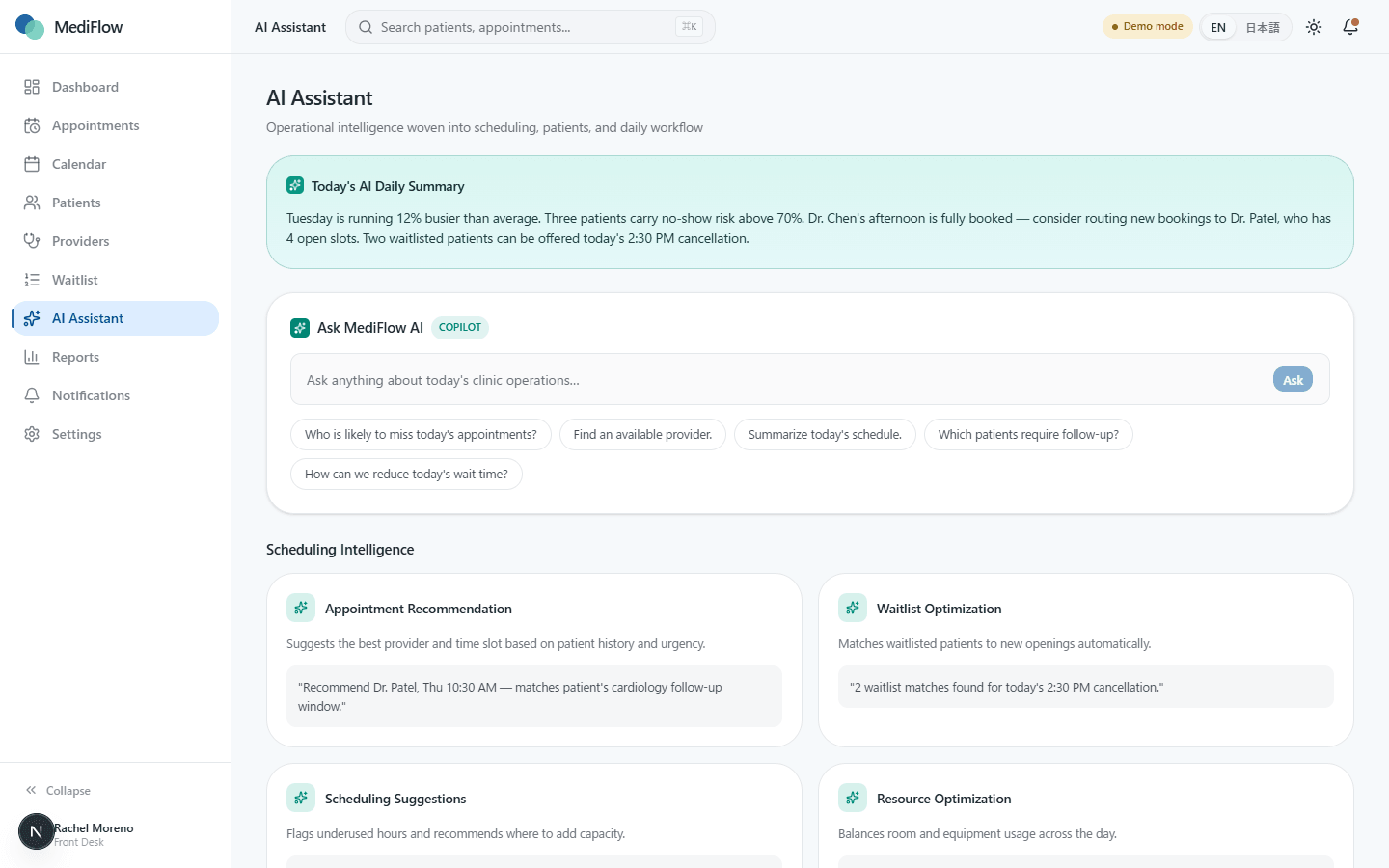 MediFlow AI Assistant answering a scheduling question in plain language