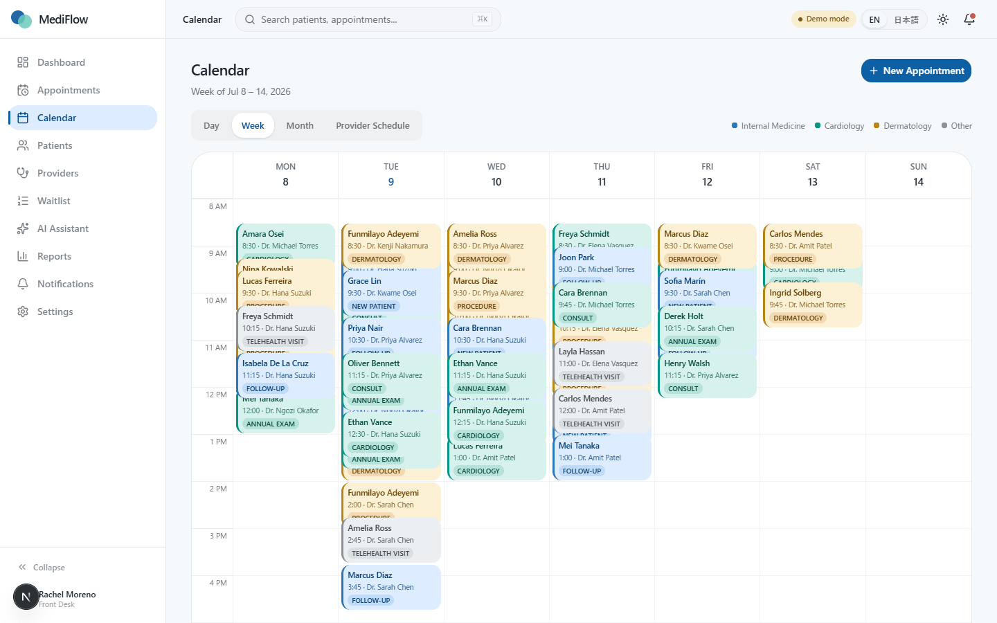 MediFlow weekly calendar color-coded by visit type