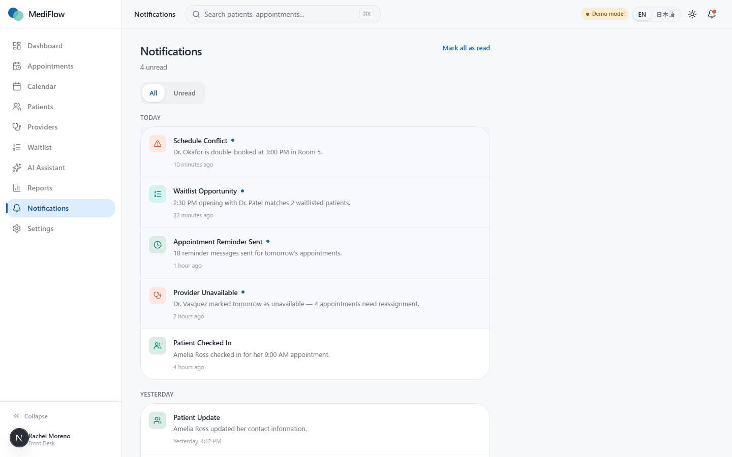 MediFlow notifications ranked by urgency