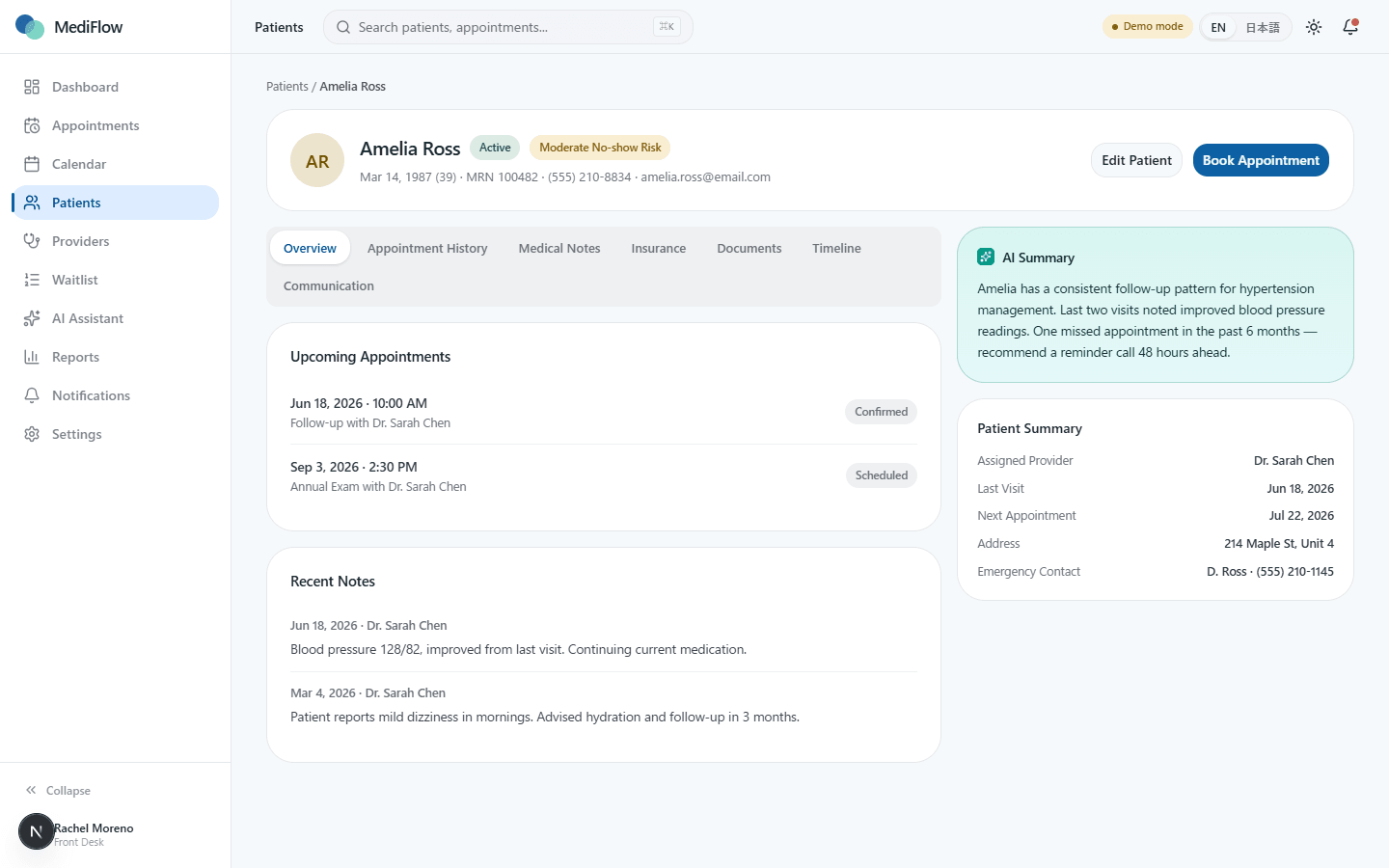 MediFlow patient detail view with history, insurance, and AI summary