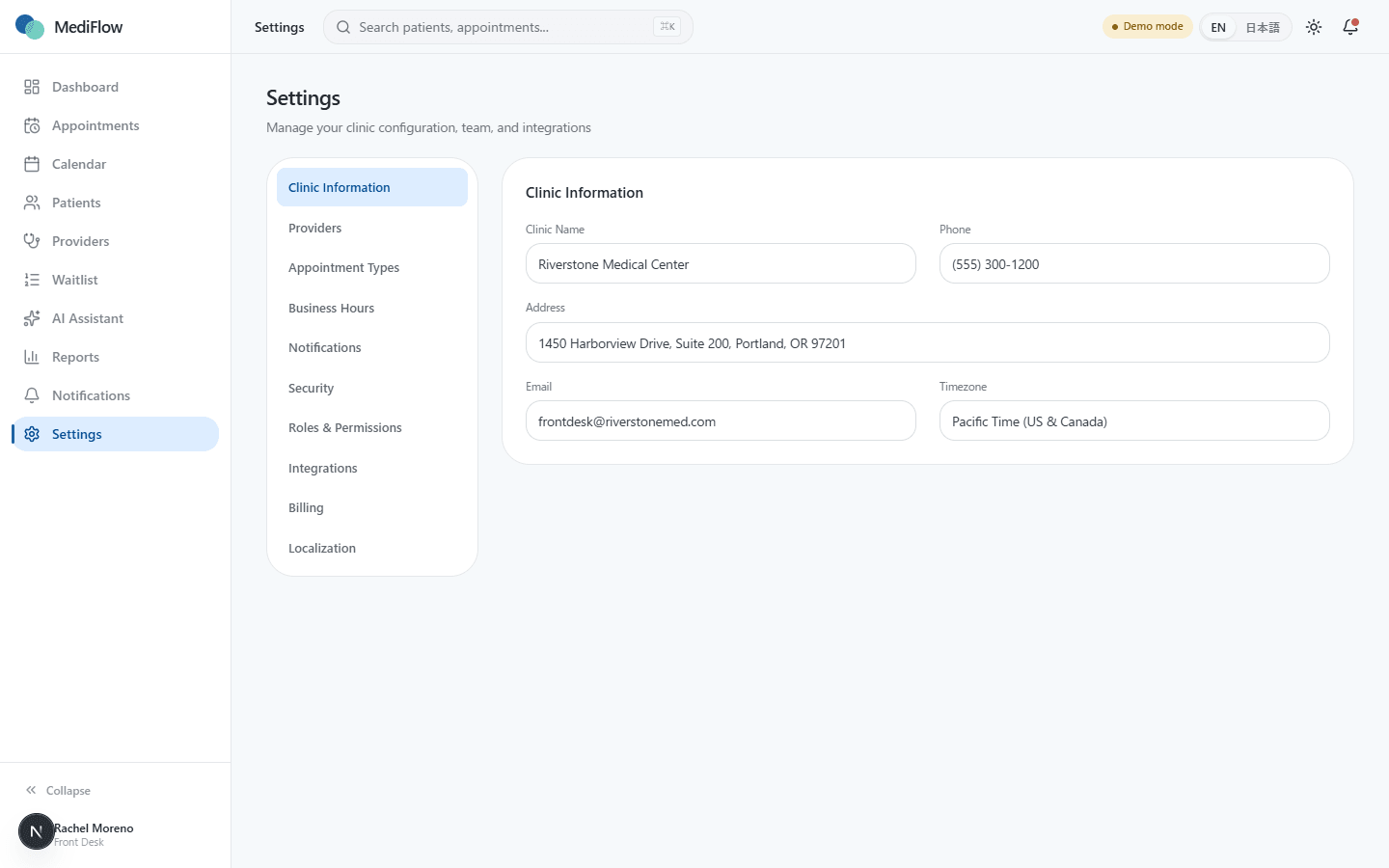 MediFlow settings for clinic hours, appointment types, and roles