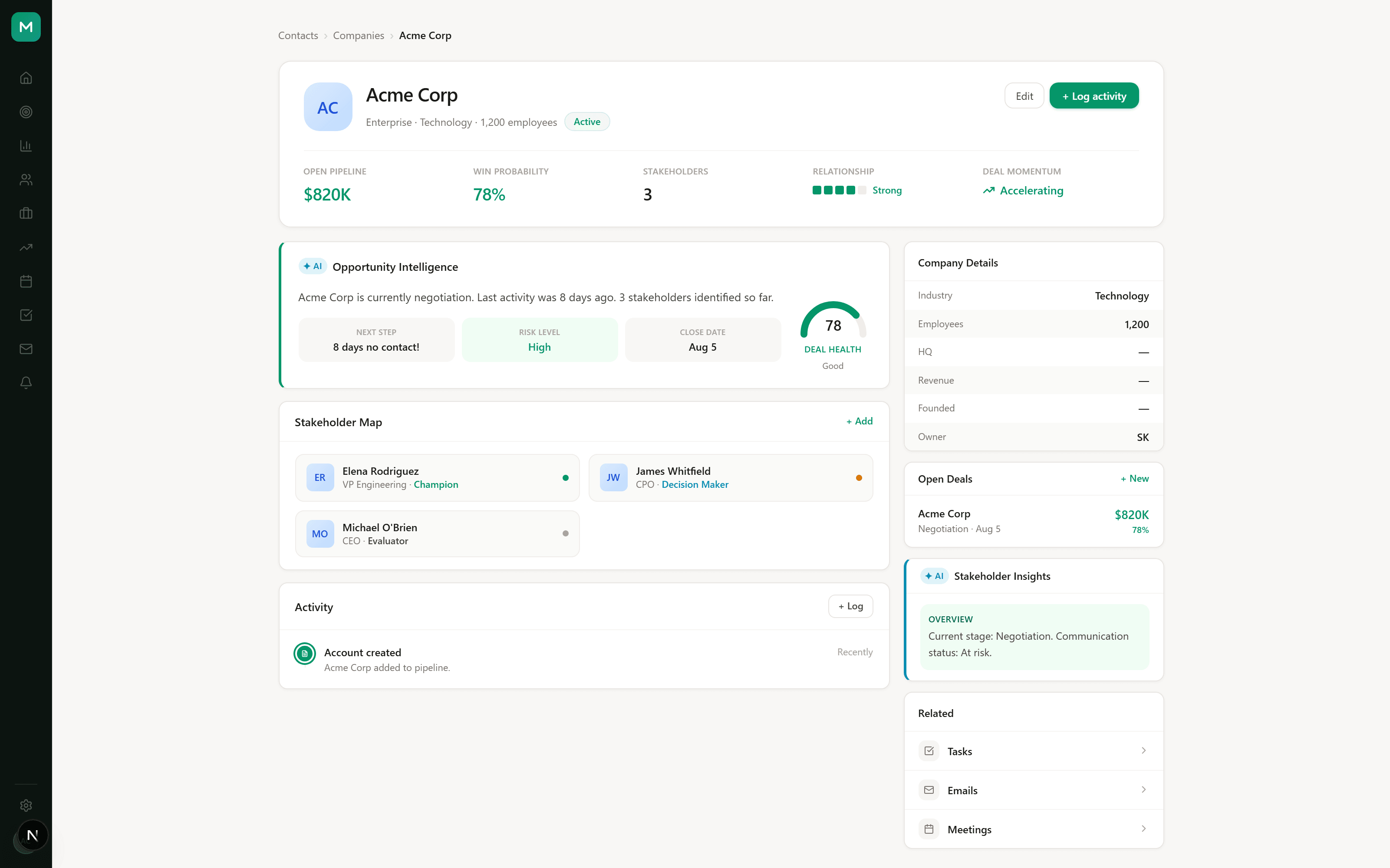NexCRM company detail with AI account summary and health score