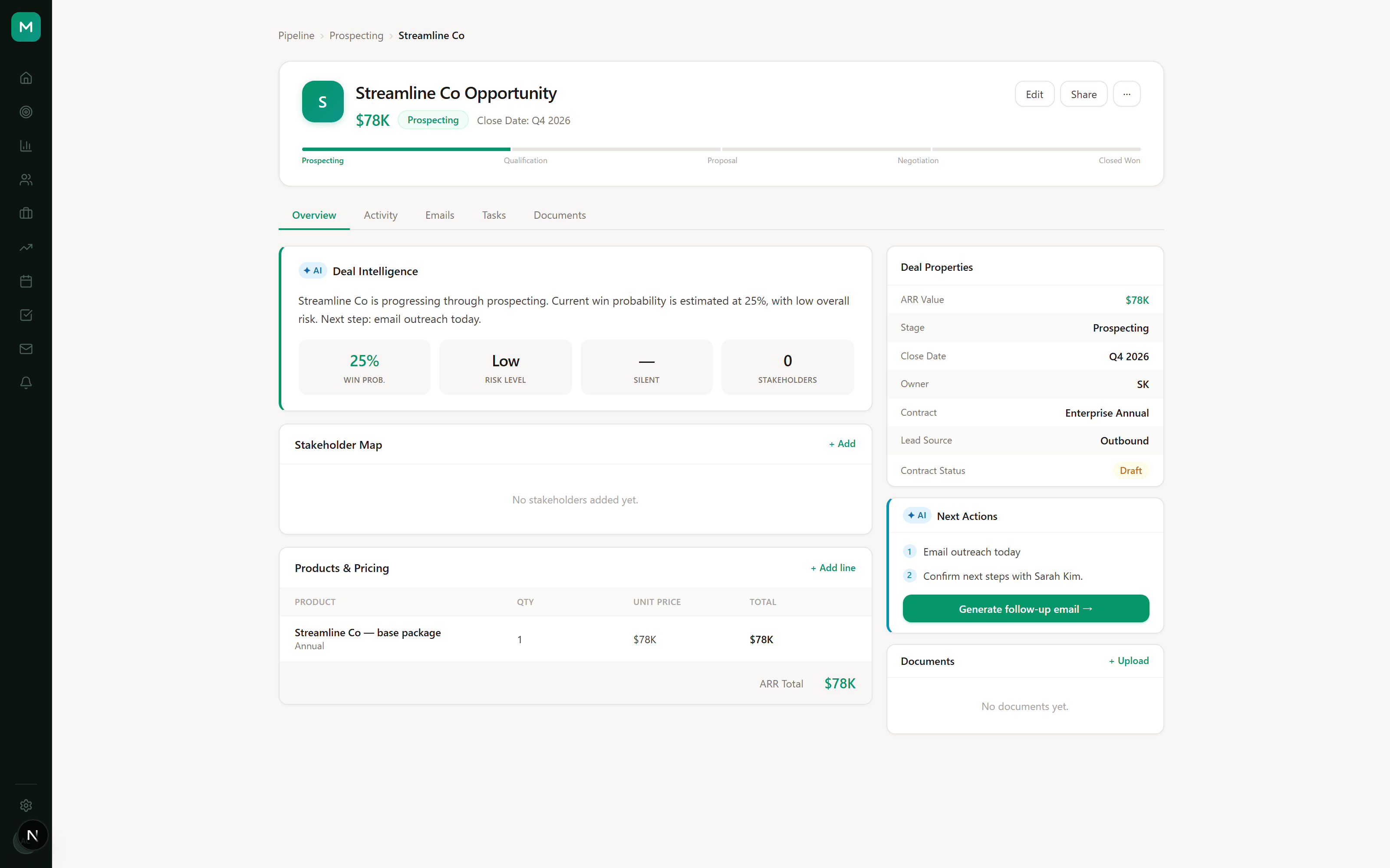 NexCRM deal detail with AI summary, stakeholders, and activity