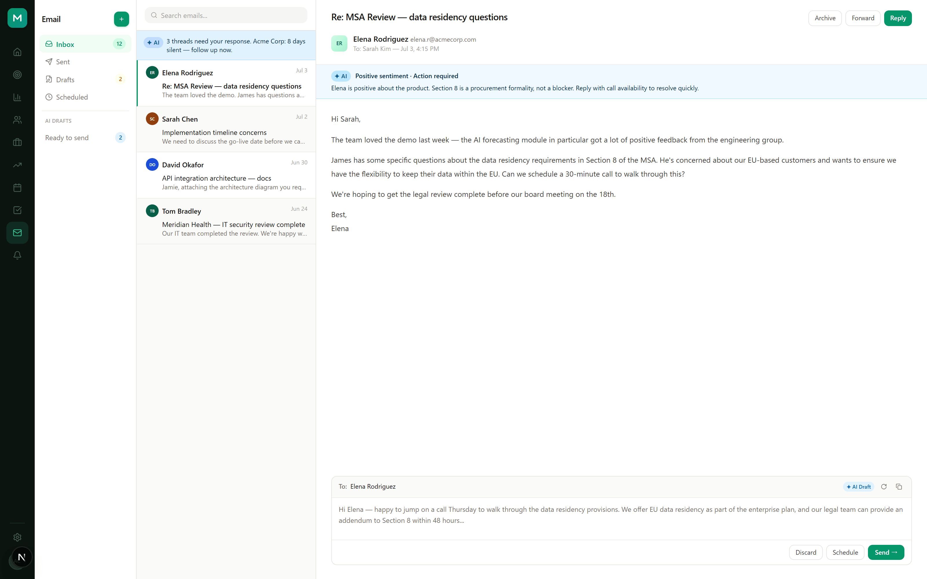 NexCRM email center with an AI-drafted reply