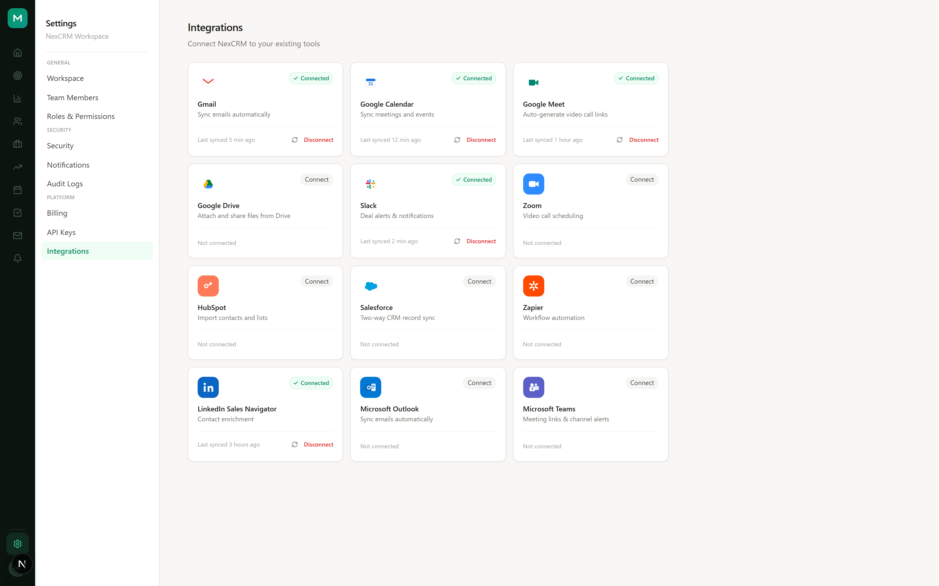 NexCRM integrations page with connected apps