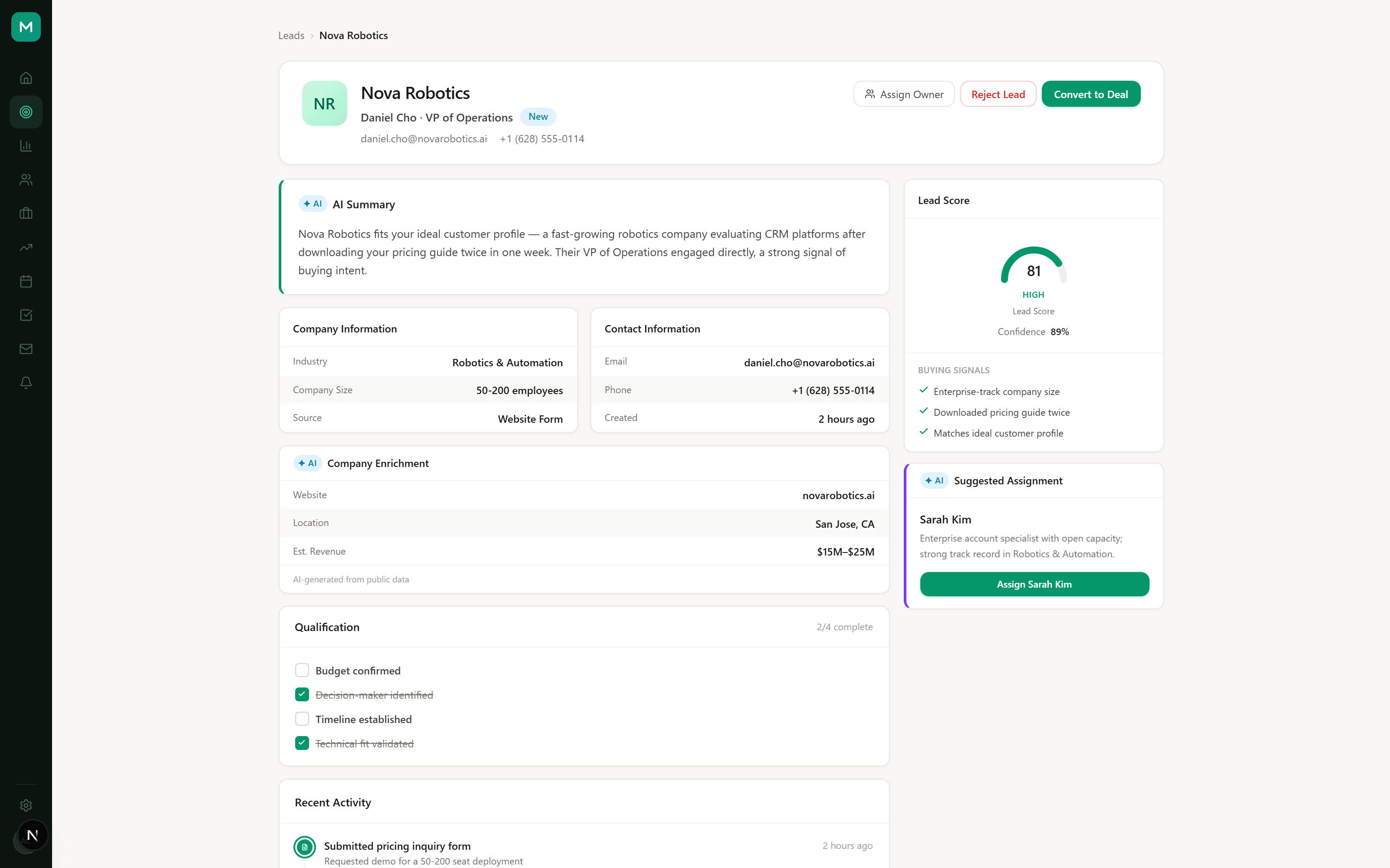NexCRM lead detail with AI score, buying signals, and suggested assignment