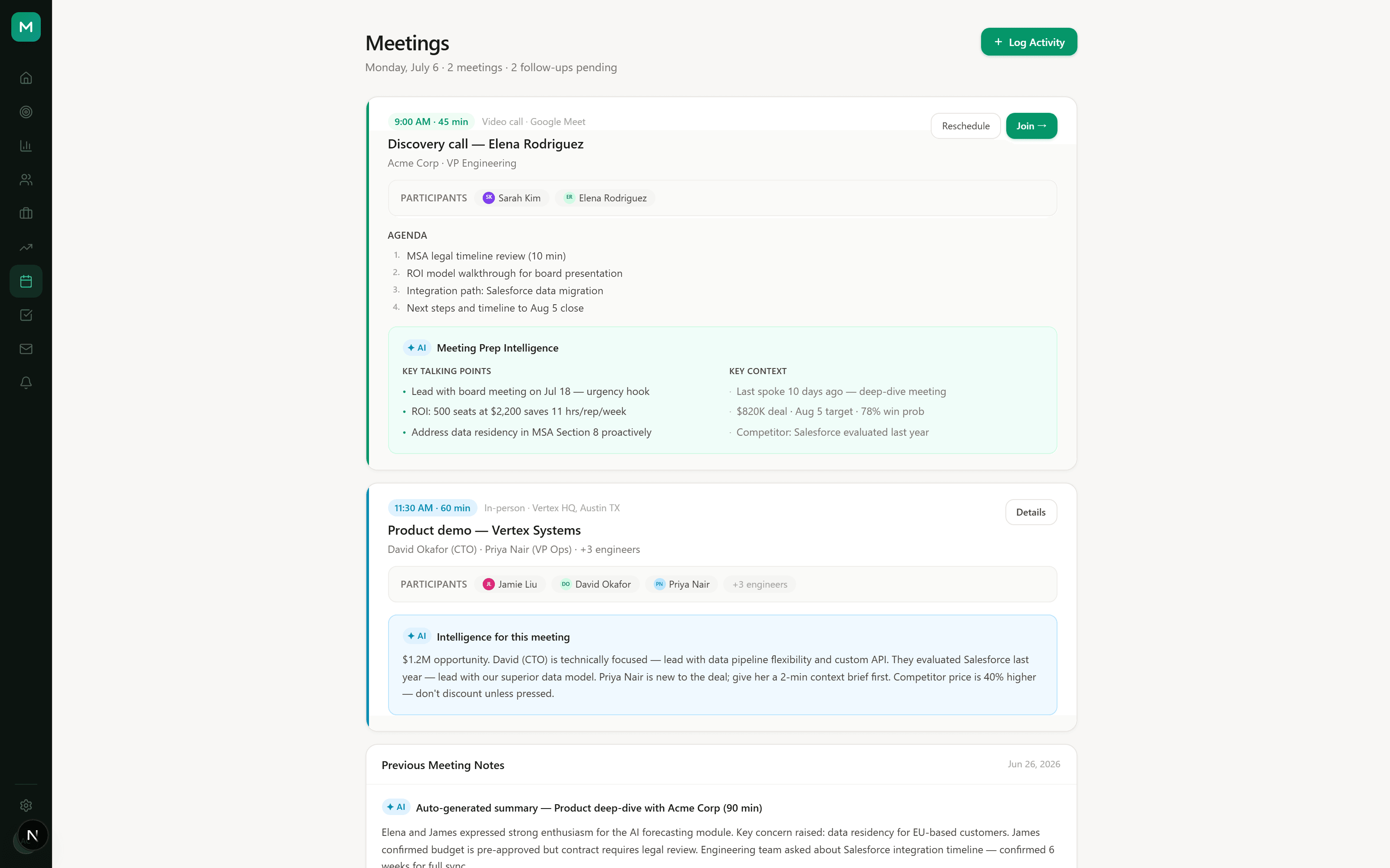 NexCRM meetings list with AI meeting prep
