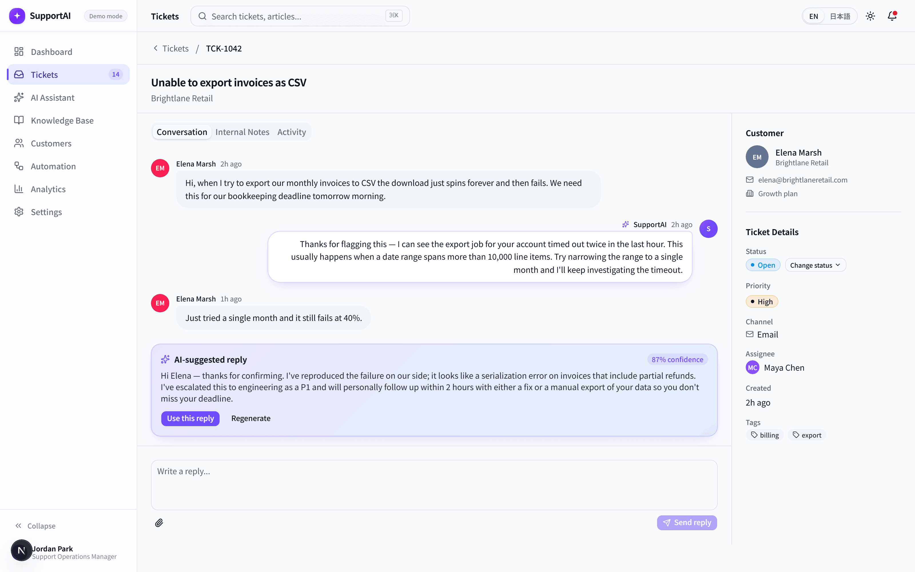 SupportAI ticket detail with an AI-suggested reply