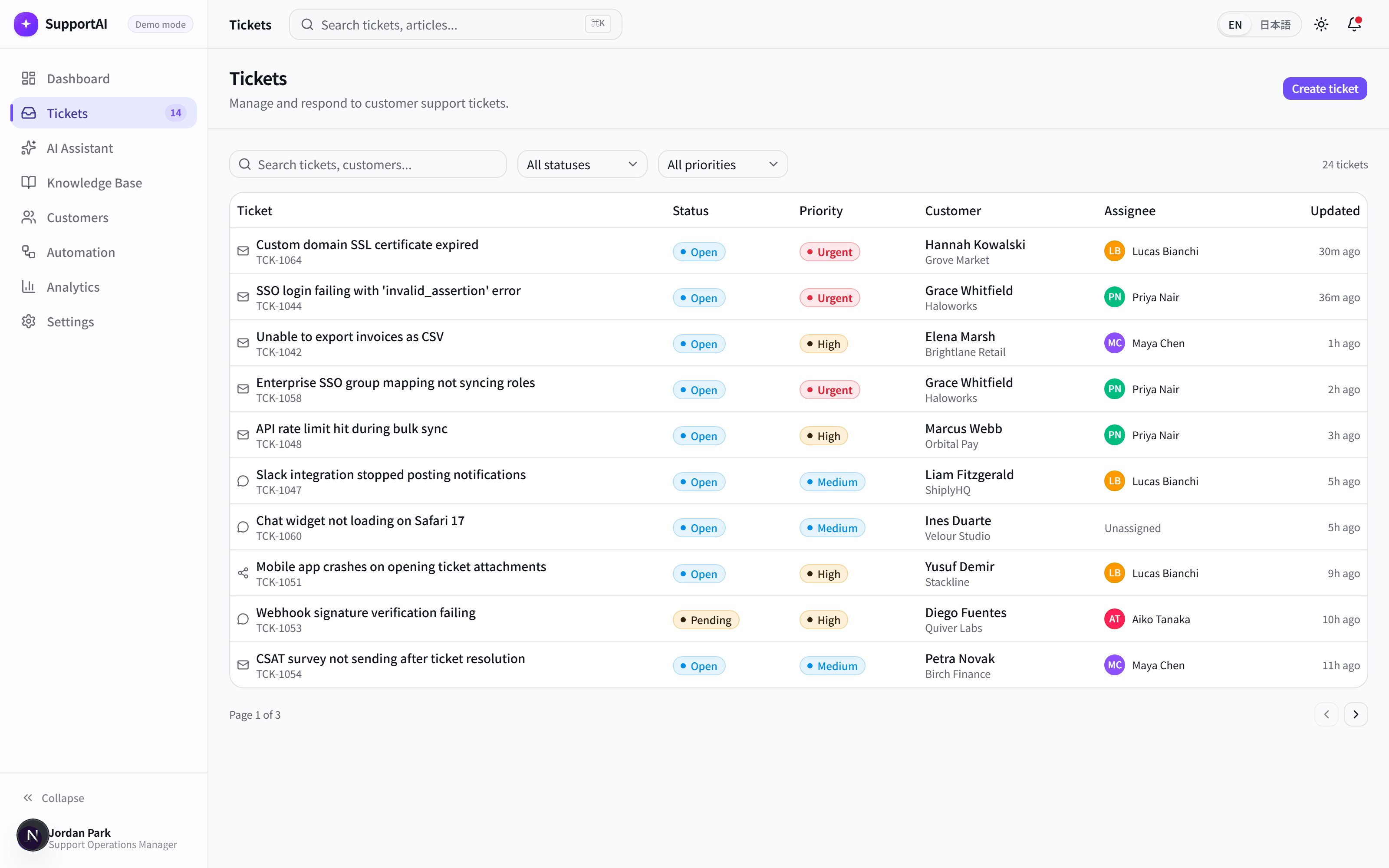 SupportAI ticket list with status, priority, and assignee columns